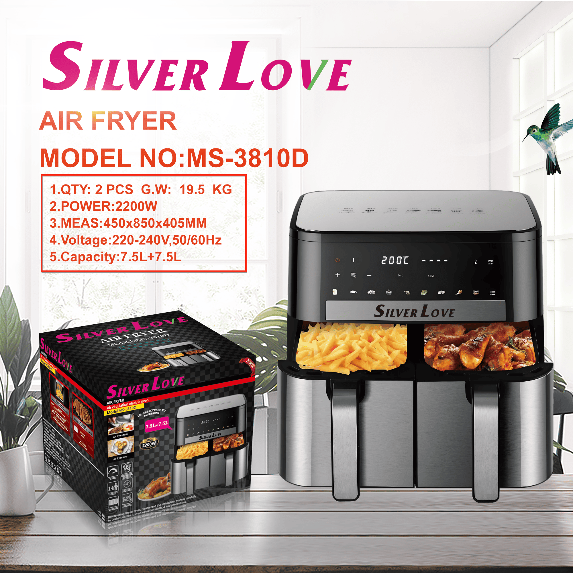 MS-3810D 空气炸锅 7.5L +7.5LAIR FRYER(Smart + Visible ) 2PCS/CTN
